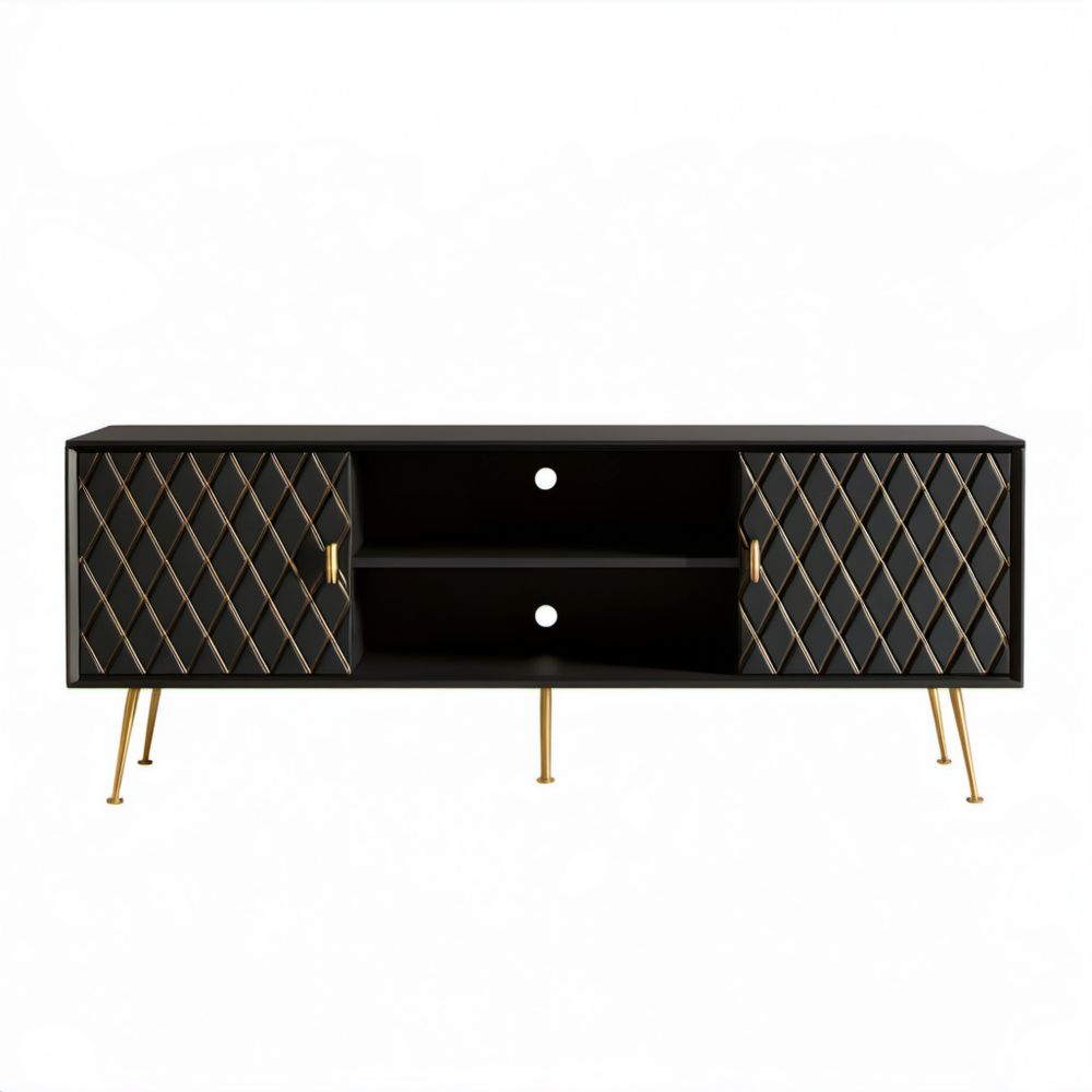 Szafka RTV czarna z płyty MDF na złotych stalowych nogach 180 x 40 x 60 cm
