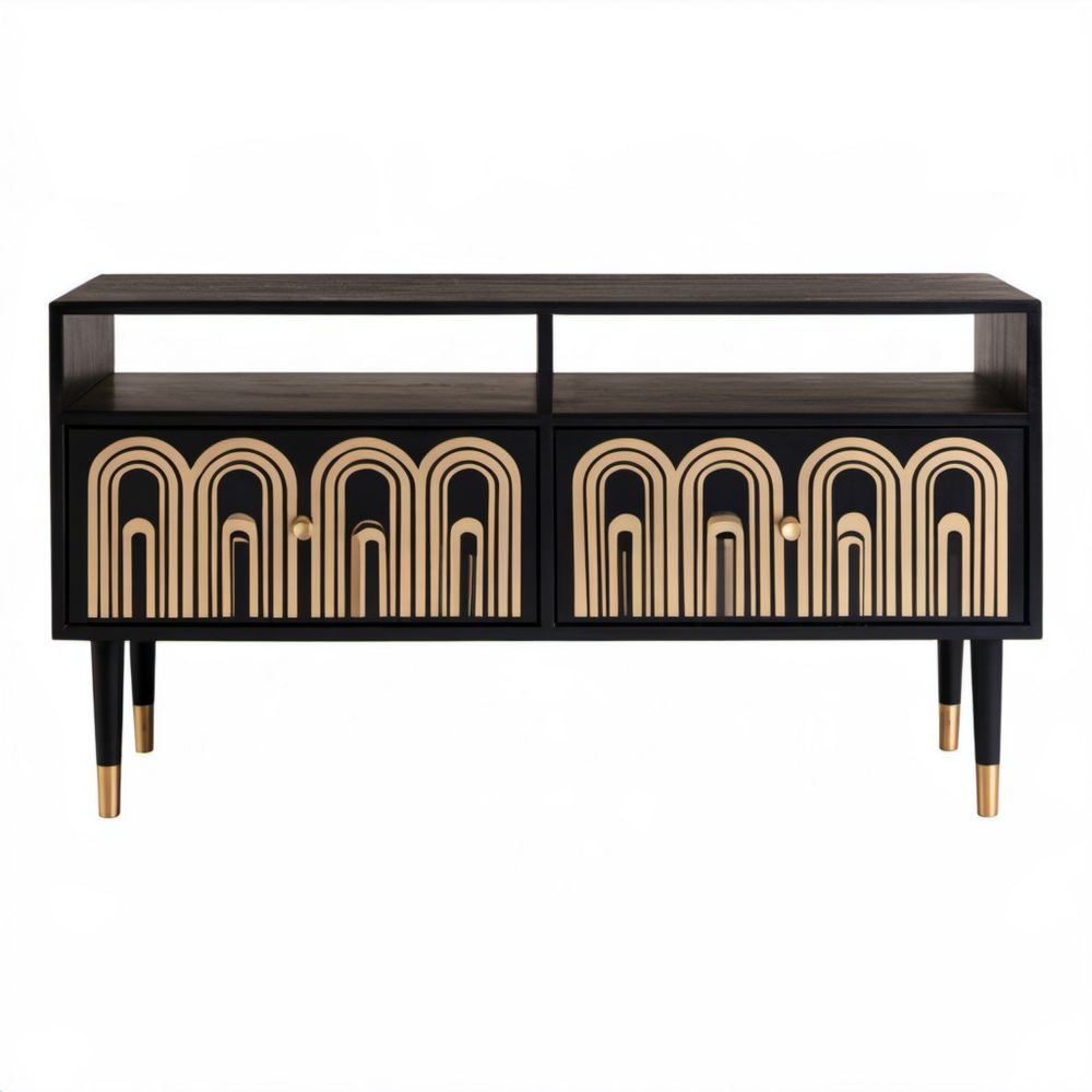 Szafka RTV czarna z MDF ze złotą dekoracją, 120 × 40 × 75 cm