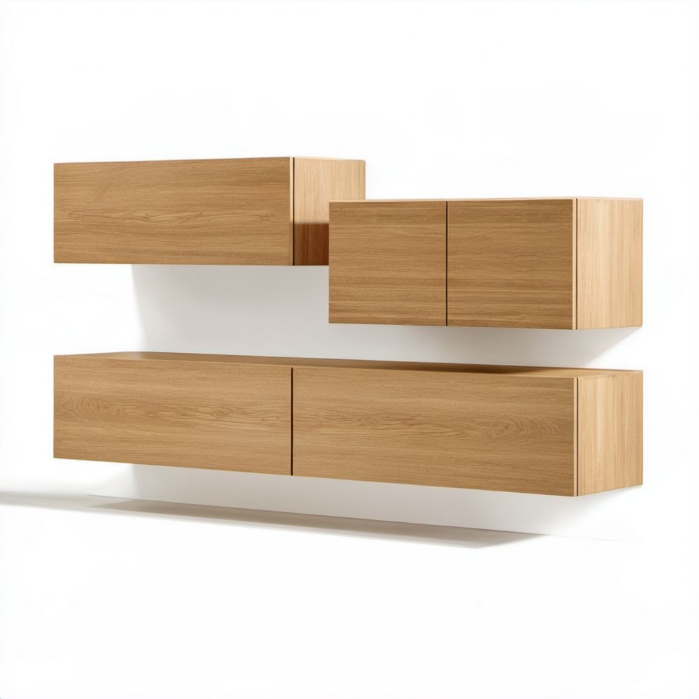 Zestaw 3 wiszących szafek RTV z drewna fornirowanego dębem – 180 × 35 × 35 cm, 120 × 35 × 35 cm, 90 × 35 × 35 cm