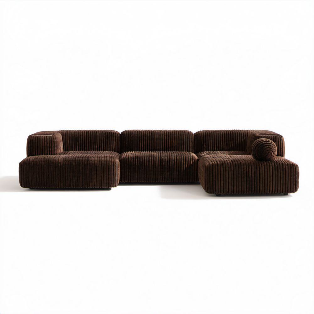 Brązowa modułowa sofa narożna w kształcie L z prążkowanego poliestru, 300 × 100 × 70 cm