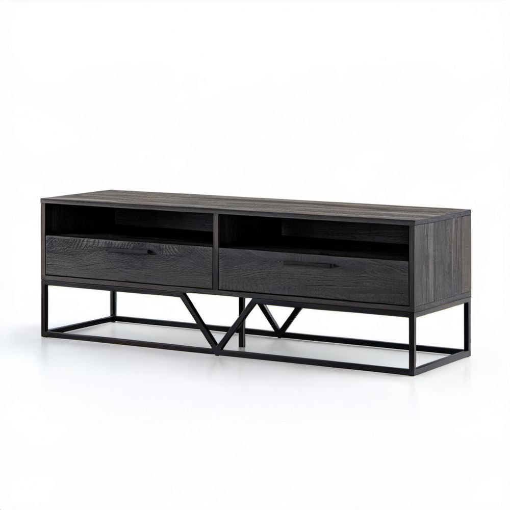 Czarna szafka RTV z laminowanej płyty MDF i stali, 160 x 40 x 55 cm, 2 szuflady