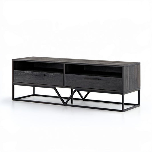 Czarna szafka RTV z laminowanej płyty MDF i stali, 160 x 40 x 55 cm, 2 szuflady
