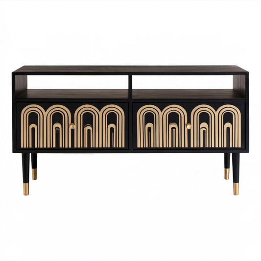 Szafka RTV czarna z MDF ze złotą dekoracją, 120 × 40 × 75 cm