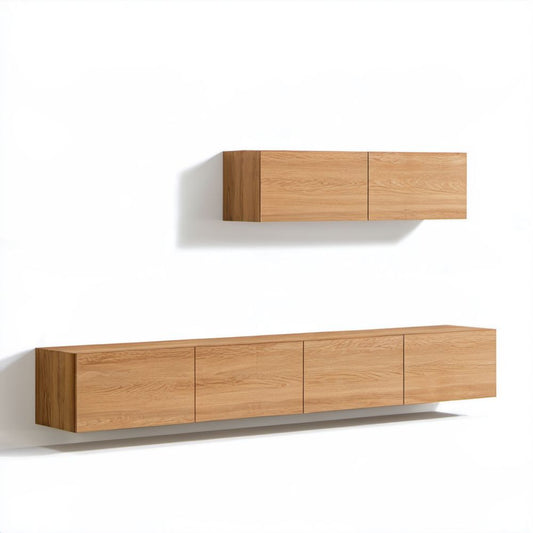 Zestaw wiszących szafek RTV z płyt laminowanych w kolorze naturalnego dębu – dolna 200 × 35 × 35 cm, górna 100 × 35 × 35 cm