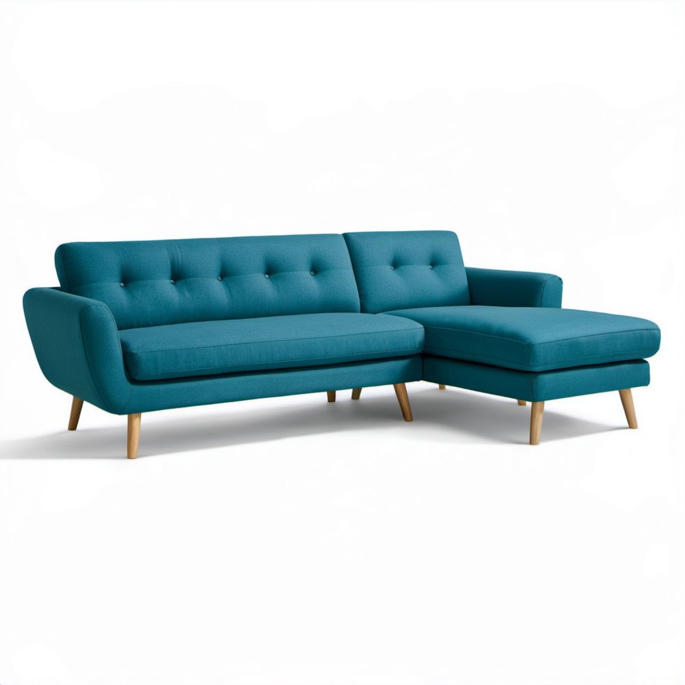 Turkusowa sofa narożna z prawostronnym szezlongiem, tapicerowana tkaniną, 238 × 150 × 84 cm
