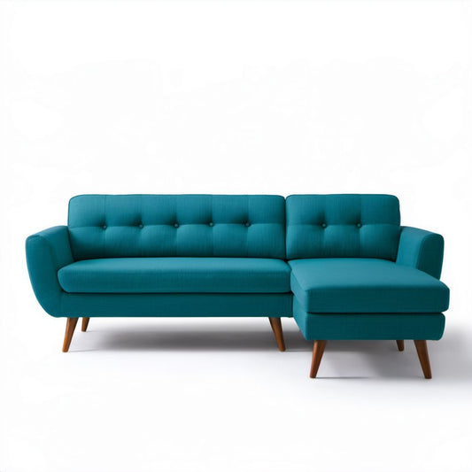 Turkusowa sofa narożna z prawostronnym szezlongiem, tkanina, 225 x 145 x 85 cm