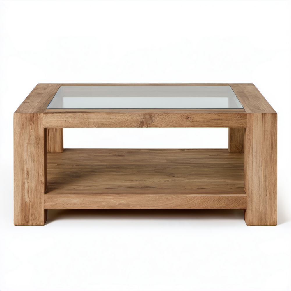 Prostokątny stolik kawowy z litego drewna dębowego ze szklanym blatem 90 x 60 x 45 cm