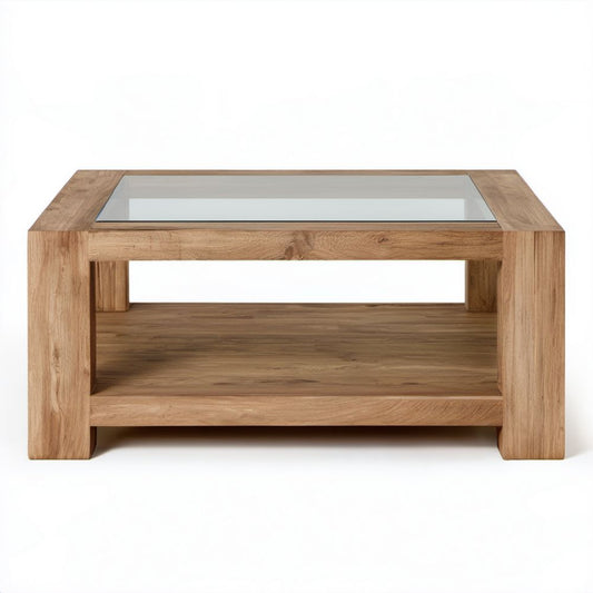 Prostokątny stolik kawowy z litego drewna dębowego ze szklanym blatem 90 x 60 x 45 cm