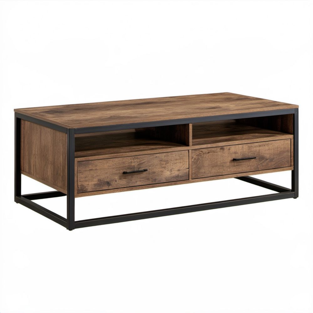 Prostokątny stolik kawowy MDF i stal z 2 szufladami, brązowo-czarny, 120 x 60 x 45 cm