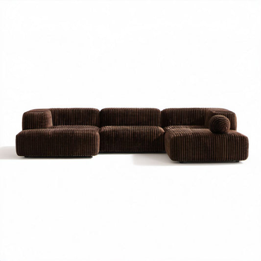 Brązowa modułowa sofa narożna w kształcie L z prążkowanego poliestru, 300 × 100 × 70 cm