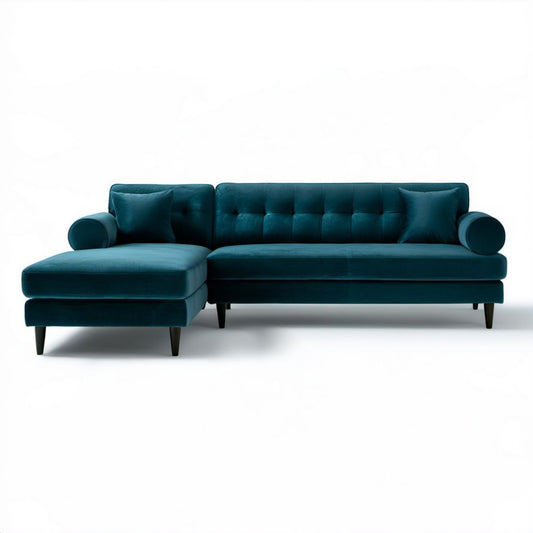 Turkusowa sofa narożna lewostronna z weluru 250 × 155 × 85 cm