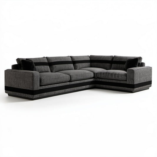 Prawostronna sofa narożna 5-osobowa z tapicerką poliestrową 300 x 220 x 85 cm szaro-czarna