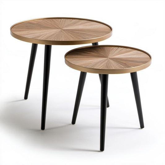 Zestaw 2 okrągłych stolików kawowych z MDF i stali, brązowo-czarno-złoty, Ø80 x 45 cm i Ø60 x 38 cm