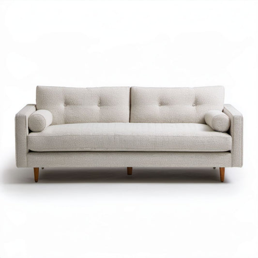 Trzyosobowa sofa kremowa z tapicerką z tkaniny bouclé, 200 x 88 x 85 cm