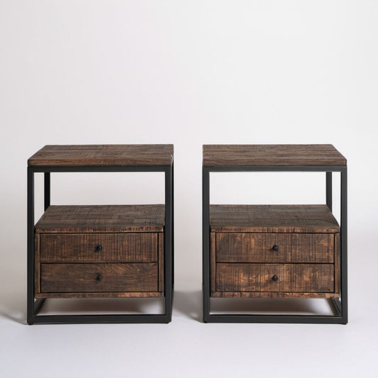 Zestaw 2 brązowo-czarnych szafek nocnych z drewna i stali, 45 x 35 x 60 cm