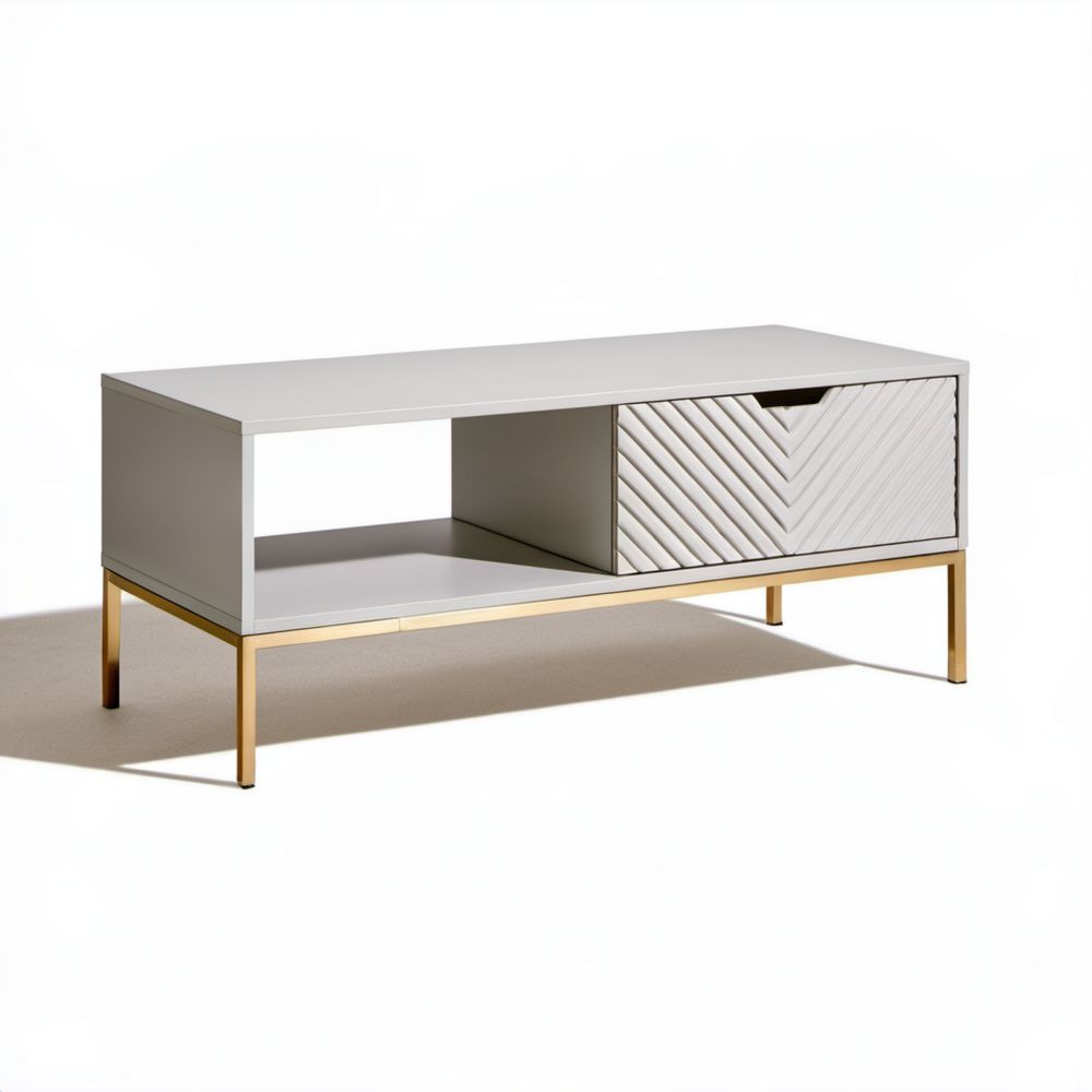 Biały stolik kawowy z płyty MDF i stali 100 x 50 x 45 cm z szufladą i półką
