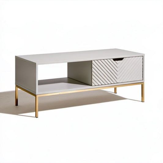 Biały stolik kawowy z płyty MDF i stali 100 x 50 x 45 cm z szufladą i półką