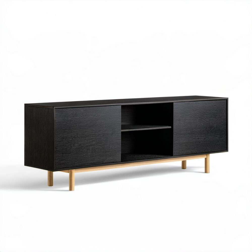 Czarna szafka RTV z płyty MDF na drewnianych nogach 160 × 40 × 60 cm