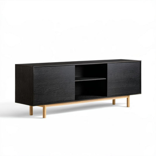 Czarna szafka RTV z płyty MDF na drewnianych nogach 160 × 40 × 60 cm
