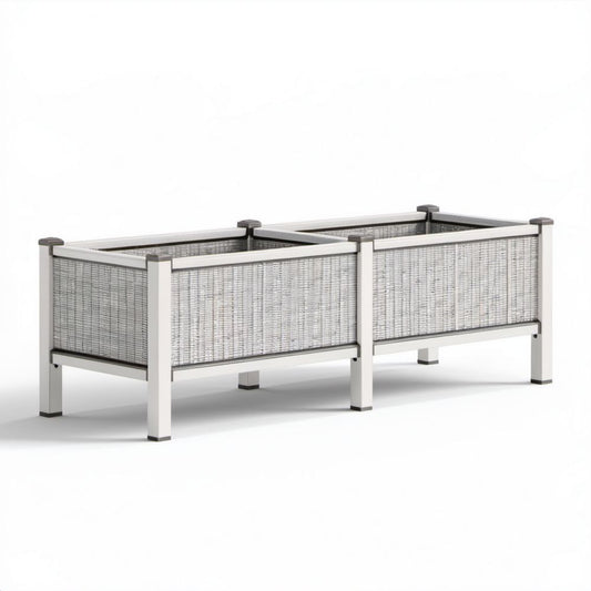 Podwyższona donica ogrodowa z 2 komorami z aluminium i technorattanu PE, szara/biała/ciemnoszara, 120 x 40 x 80 cm