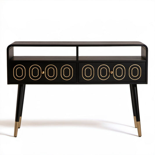 Szafka RTV z płyty MDF 120 × 40 × 80 cm z 2 drzwiczkami i otwartą półką, czarna/ciemny brąz/złota
