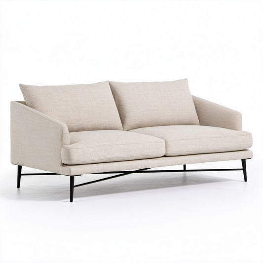 Sofa dwuosobowa beżowa z tapicerką tkaninową i czarnymi metalowymi nogami, 180 x 85 x 82 cm
